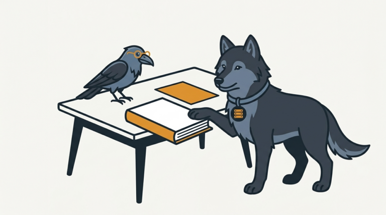 the wolf handing out a thick whitepaper on a desk, an amber page, the raven peering through its glasses