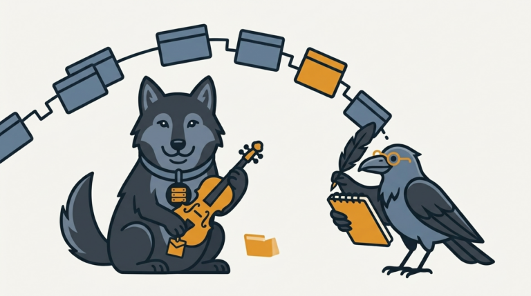the wolf watching HTTP packets go by with a fiddle, an amber packet, the raven taking notes with a feather
