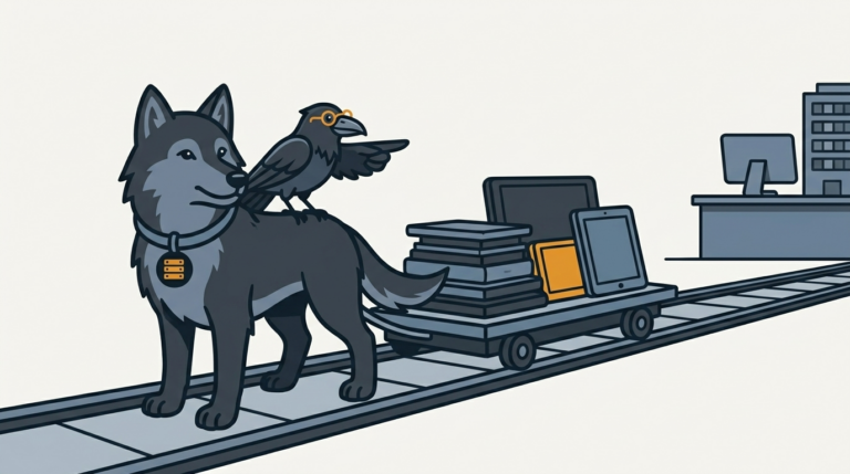 the wolf riding a wagon of data tablets along a track to a client, one amber tablet, the raven pointing