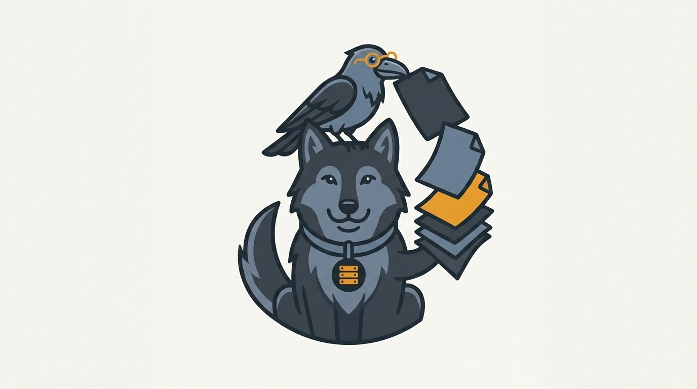 the wolf juggling several separate config sheets in a stack, one amber sheet, the raven picking