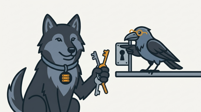 the wolf at a plain lock holding two different-shaped blank keys, one amber, the raven pointing at the keyhole