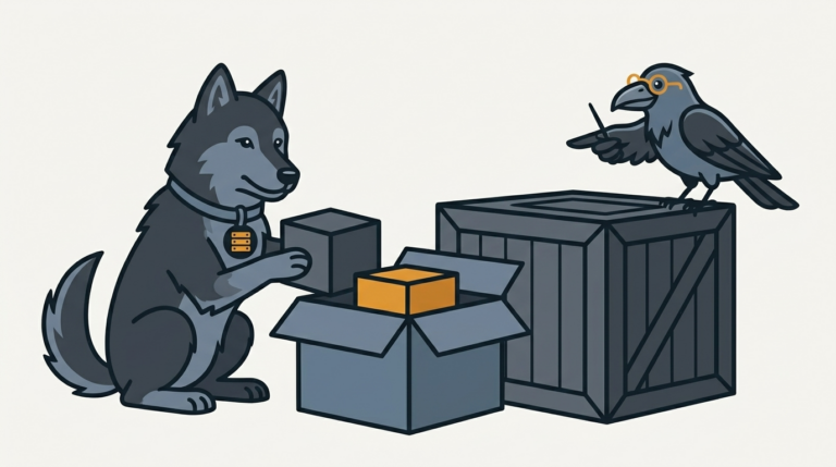 the wolf nesting small boxes inside bigger boxes, an amber box in the middle, the raven pointing