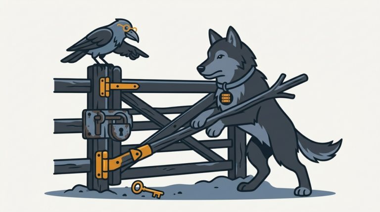 the wolf lifting a heavy stuck farm gate with a lever, an amber hinge, the raven pointing at the lock
