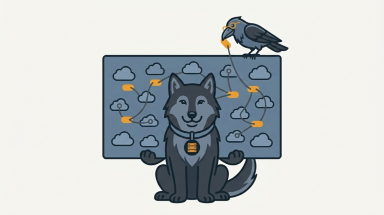 the raven pinning amber links on a slate-blue pinboard of cloud applications with a single string through them, the wolf holding the board