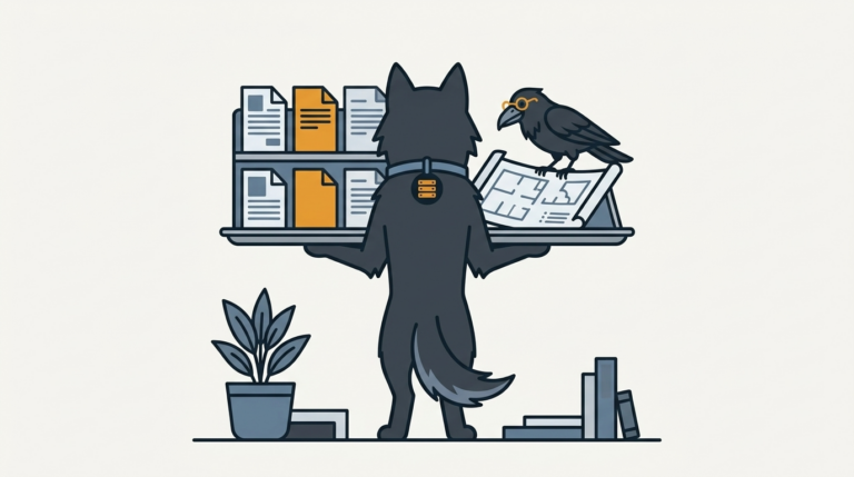 the wolf standing a sturdy shelf of office document panels up on a tray, one amber panel, the raven peering at a blueprint