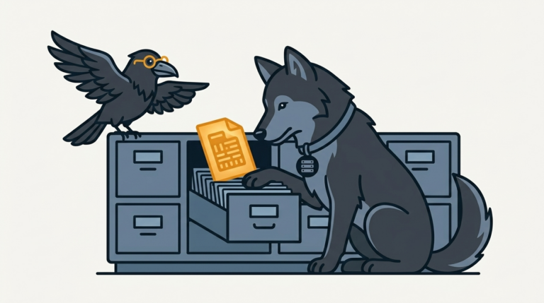 the wolf opening a PDF from a library drawer, an amber page, the raven pointing