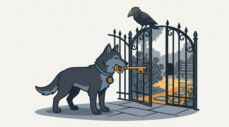 the wolf unlocking a tunnel gate with a big key to a private garden, the amber key in his mouth, the raven perched on the gate