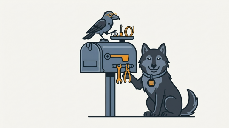 the wolf hanging little add-on tools onto a mailbox, an amber tool, the raven choosing