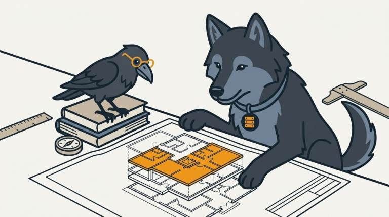 the wolf studying an architecture drawing of layered floors, an amber floor, the raven peering through its glasses