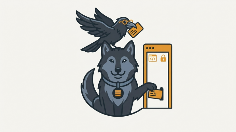the wolf passing a credential through a browser doorway, an amber doorframe, the raven carrying a spare piece