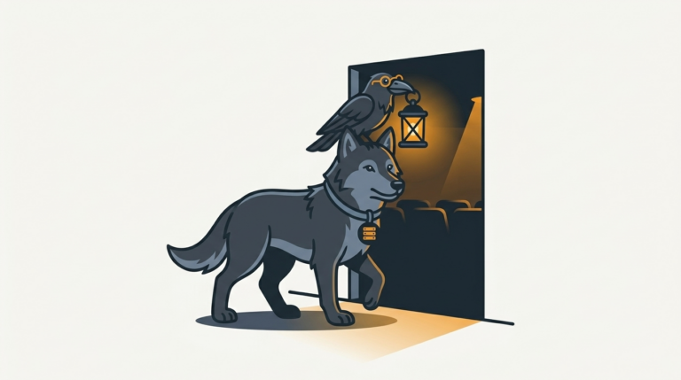 the wolf stepping into a conference hall of lights, an amber light, the raven holding a small lantern