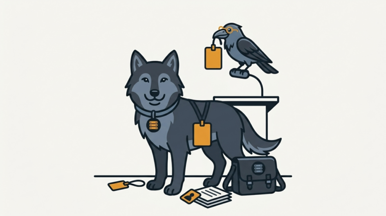 the wolf kicking off a conference with a badge and a bag, an amber badge, the raven carrying a spare piece