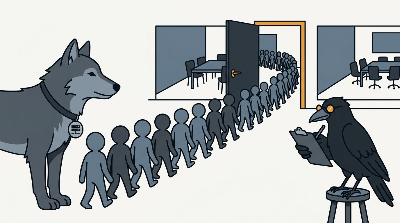 the wolf holding open a big door to a team room while a line of small user silhouettes files through, one carrying an amber key, the raven checking them off with a feather
