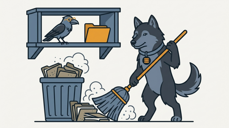 the wolf sweeping a drift of old dusty file folders into a bin with an enormous broom, one fresh amber folder left safely on the shelf