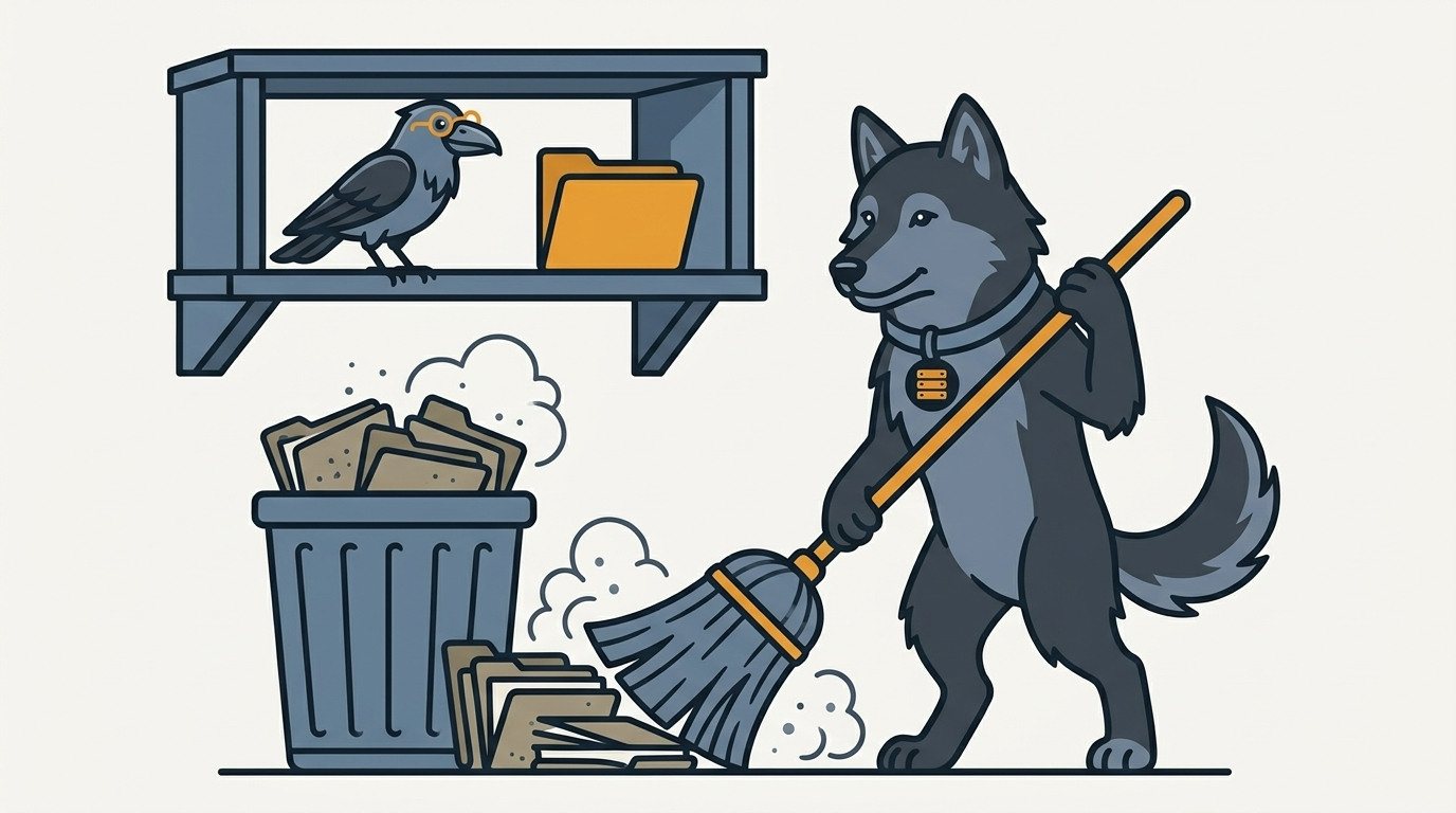 the wolf sweeping a drift of old dusty file folders into a bin with an enormous broom, one fresh amber folder left safely on the shelf