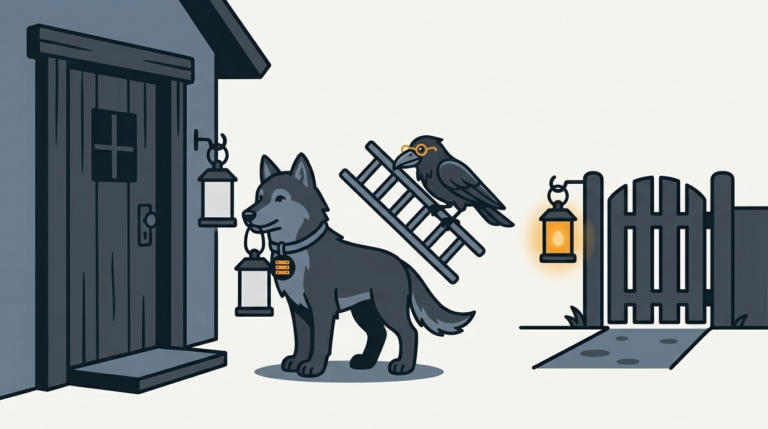 the wolf hanging two plain blank lanterns, one at a cottage's inner door and one at its garden gate, the outer lantern glowing amber, the raven carrying a ladder