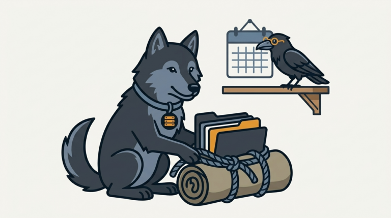 the wolf packing a tidy bundle of folders into a tarball bag with a rope, one amber folder, the raven watching a calendar