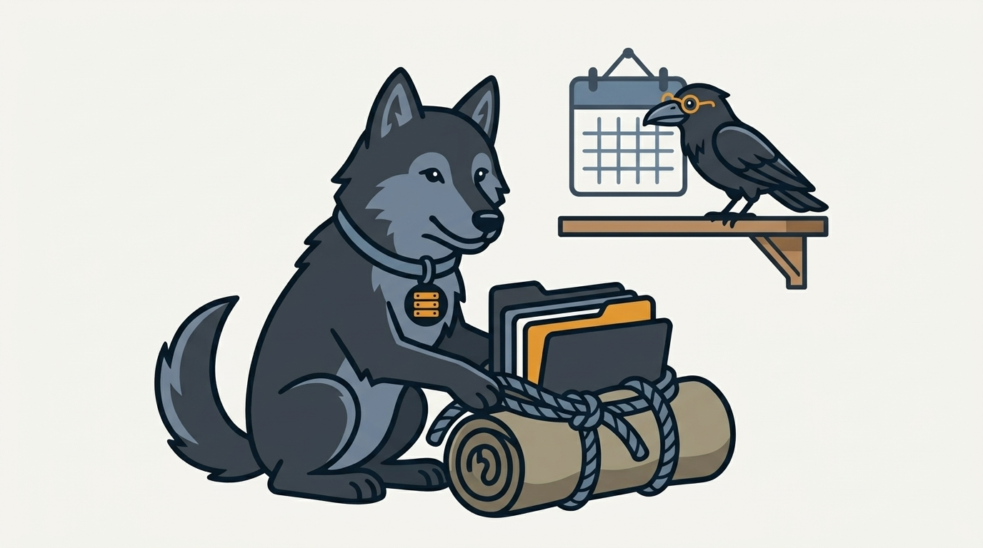 the wolf packing a tidy bundle of folders into a tarball bag with a rope, one amber folder, the raven watching a calendar