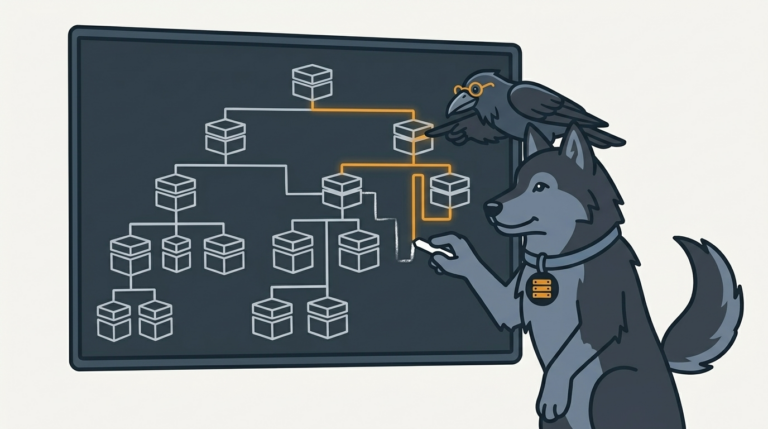 the wolf tracing a family-tree of nested config boxes with chalk, an amber line, the raven pointing