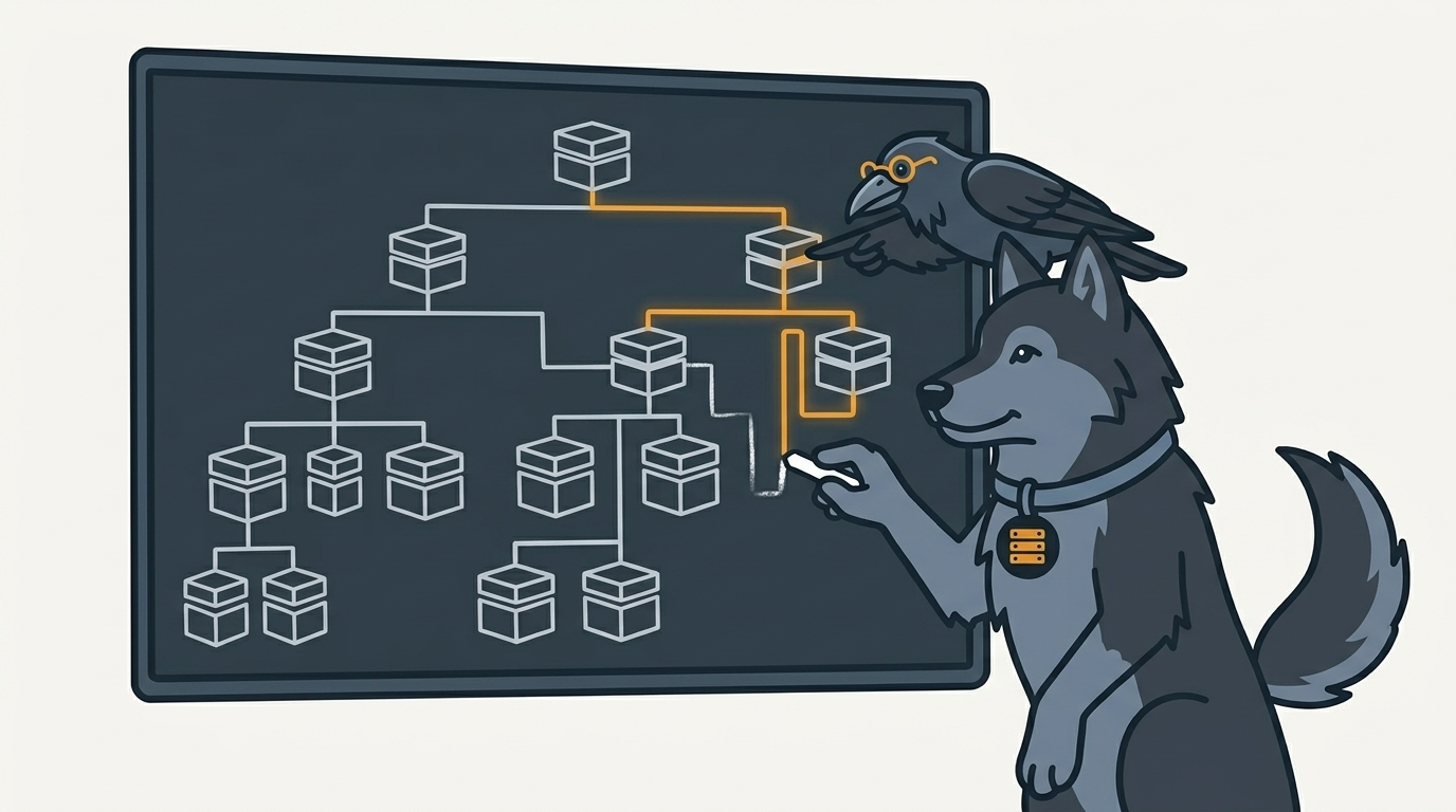 the wolf tracing a family-tree of nested config boxes with chalk, an amber line, the raven pointing