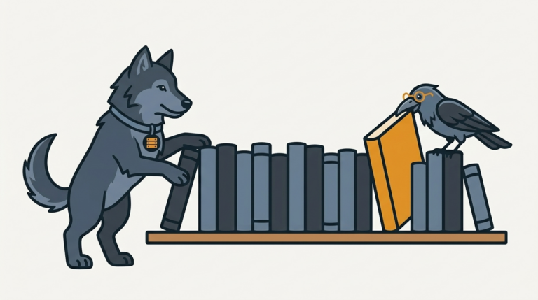 the wolf arranging a row of plain blank-spined training books on a shelf by height, one amber book, the raven pulling one out to read