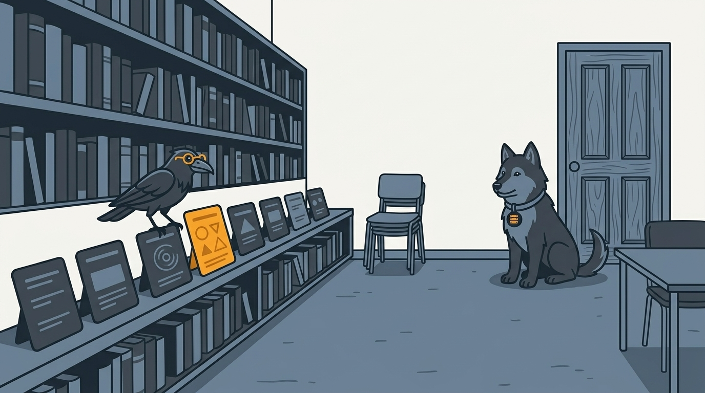 the raven walking a book-lined training room with a long shelf of lesson cards, one amber, the wolf sitting by the door