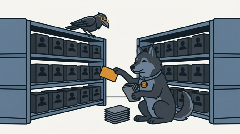 the wolf syncing two rows of shelves of user boxes by passing identical cards between them, one amber card, the raven watching