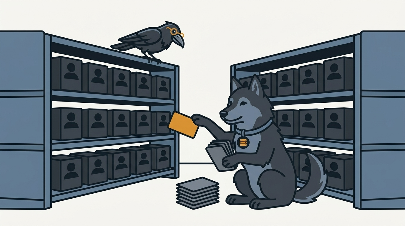 the wolf syncing two rows of shelves of user boxes by passing identical cards between them, one amber card, the raven watching
