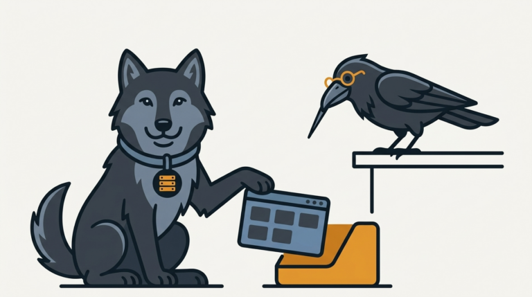 the wolf tucking a small window into a corner tray, an amber tray icon, the raven pointing