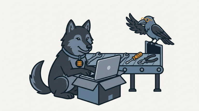 the wolf unpacking a shiny new computer from a box while a conveyor belt feeds it tools, a single amber tool on top, the raven waving it in