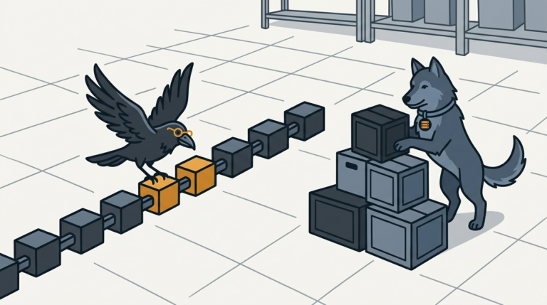 the raven laying a chain of linked blocks along a path through a warehouse, one amber block, the wolf stacking crates