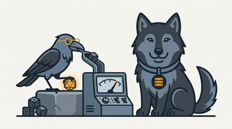 the raven rolling dice to feed random numbers to a load test machine, an amber die, the wolf watching the needle