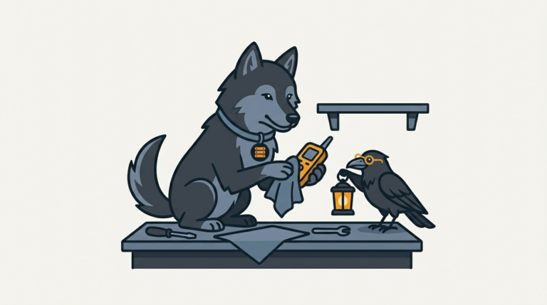 the wolf polishing a gadget on a remote desktop wall, an amber gadget, the raven holding a small lantern