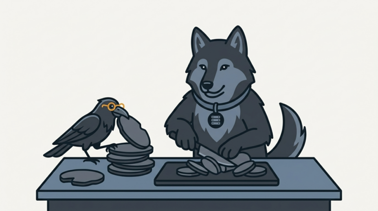 the wolf slicing odd-sized disk platters on a cutting board into even slices with a long knife, one amber platter, the raven passing platters