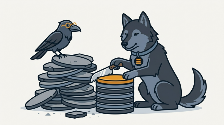 the wolf rebuilding a tall stack of odd-shaped disk wafers into neat even slices with a cutting tool, one amber slice on top, the raven watching