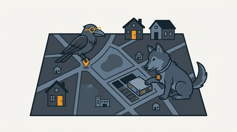 the wolf plugging a new server onto the street name map of a village, one amber house door, the raven pinning the name tag