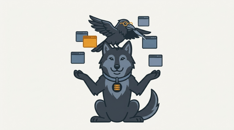 the wolf juggling many small remote windows on a desktop wall, one amber, the raven picking