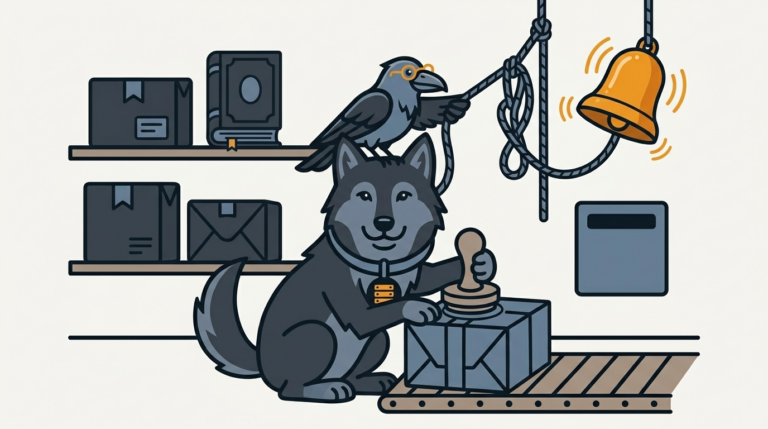 the raven pulling a rope to ring an amber bell as a finished package is stamped and sent off, the wolf holding the stamp