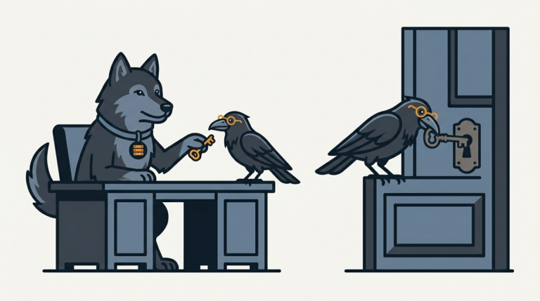 the wolf handing a tiny amber key across a desk, the raven pulling the old key from a keyhole on an Office door