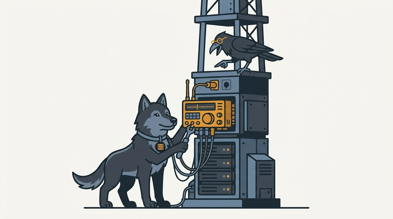 the wolf adding extra radio tuners to a tall tower, an amber tuner, the raven pointing