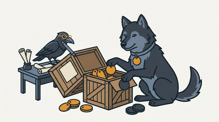 the wolf swapping placeholder tags into a package crate, one amber tag, the raven filling out the label