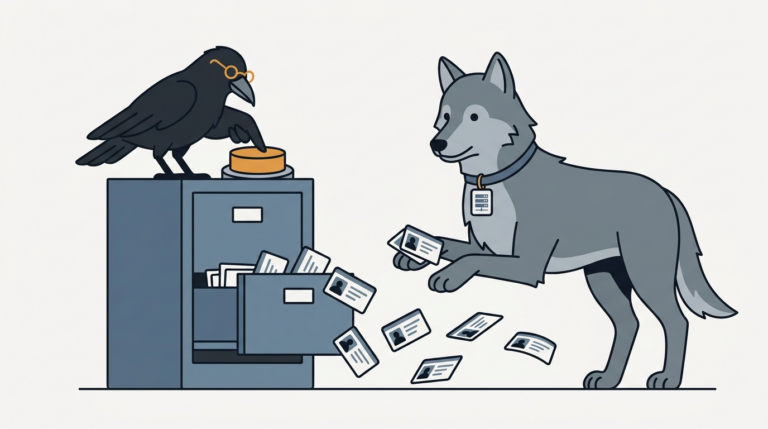 the raven wiping a chalkboard of mixed-up number tags clean while the wolf holds a glowing amber directory book