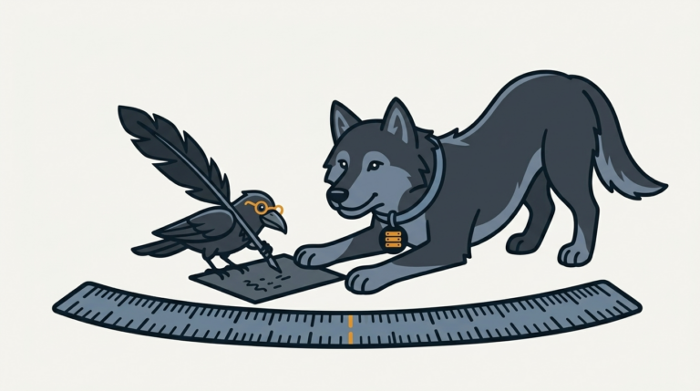 the wolf stretching a long disk shaped like a ruler, an amber tick, the raven taking notes with a feather
