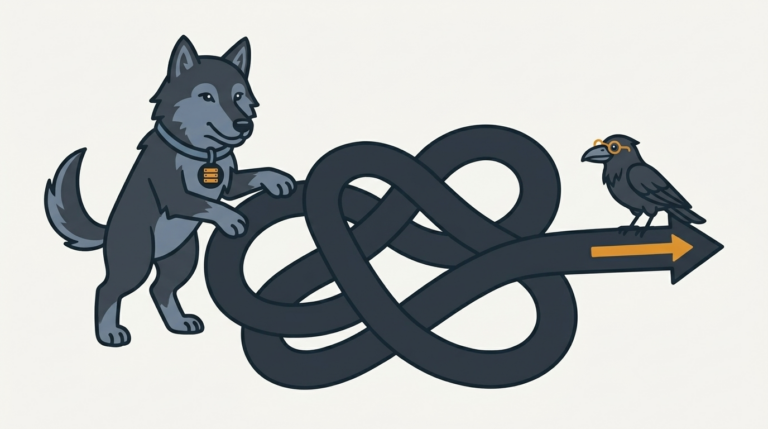 the wolf untangling a looping road that circles back to the start, one amber arrow pointing out, the raven perched at the exit