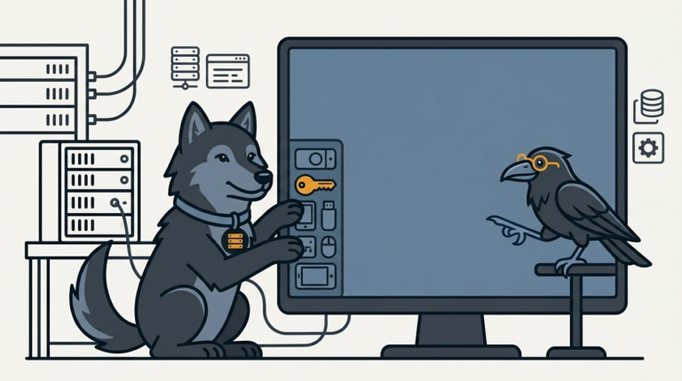 the wolf squeezing a sidebar of gadgets onto a big screen, an amber gadget, the raven pointing