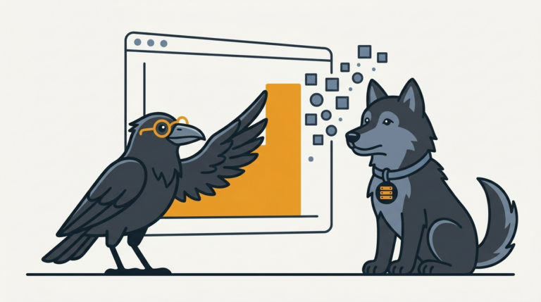 the wolf watching a live chart bind to data, an amber bar, the raven pointing