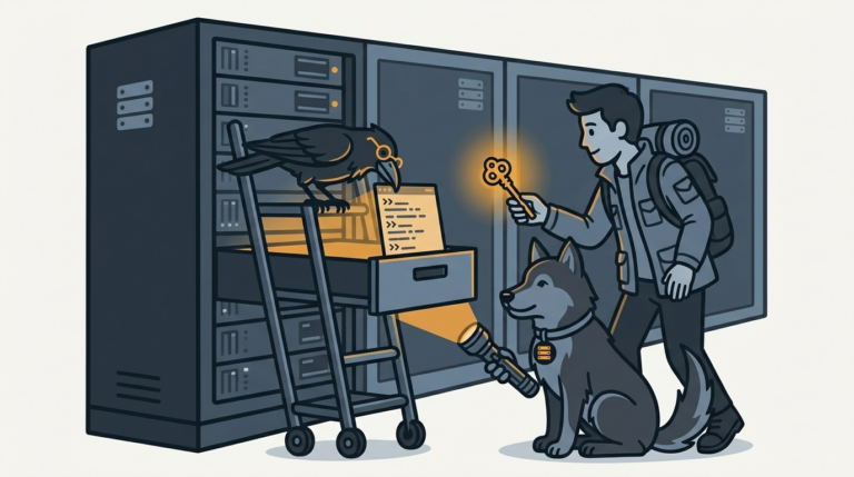 the raven opening a drawer of a server cabinet that reveals a command list to a visitor with an amber key, the wolf holding a flashlight