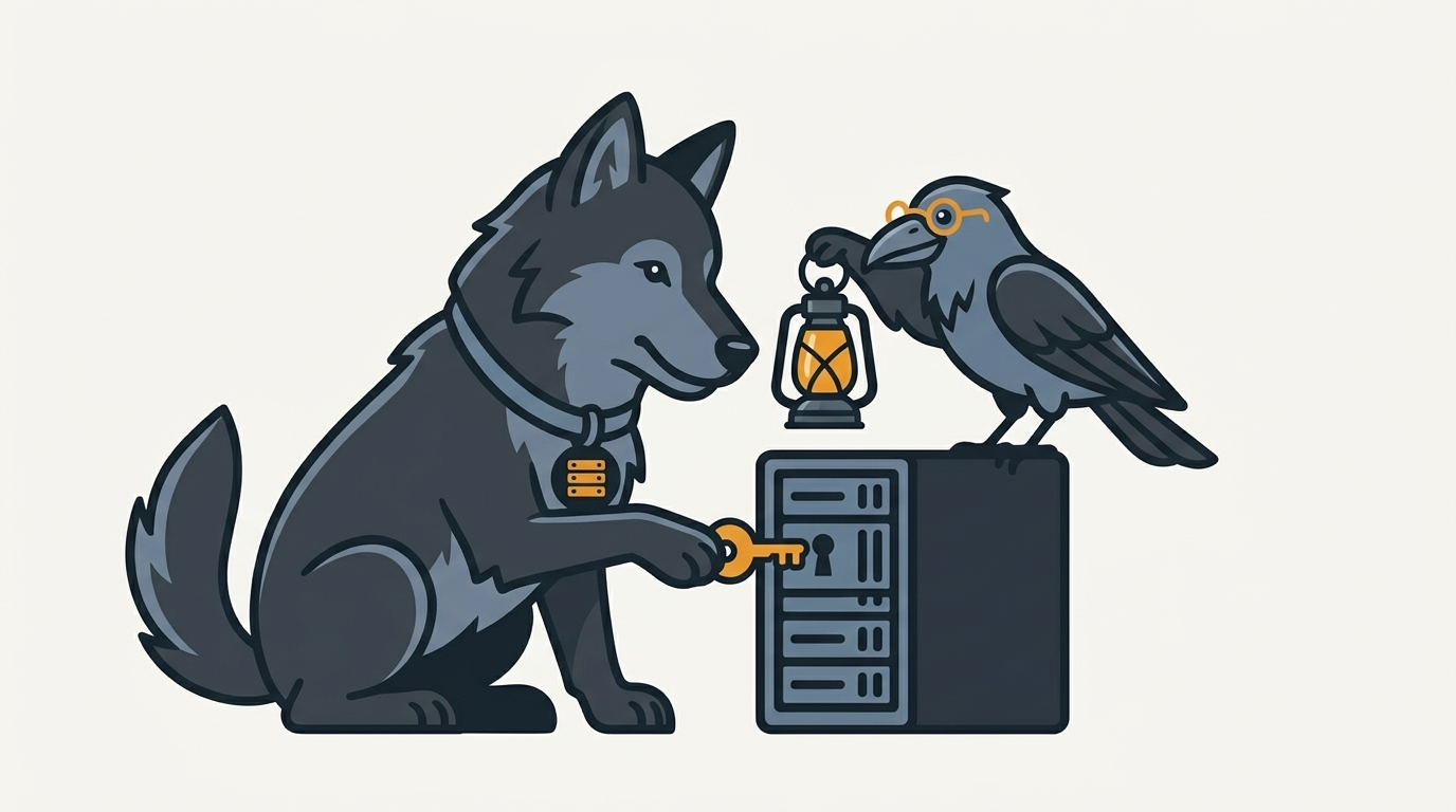 the wolf unlocking a mail module with a small key, an amber key, the raven holding a small lantern