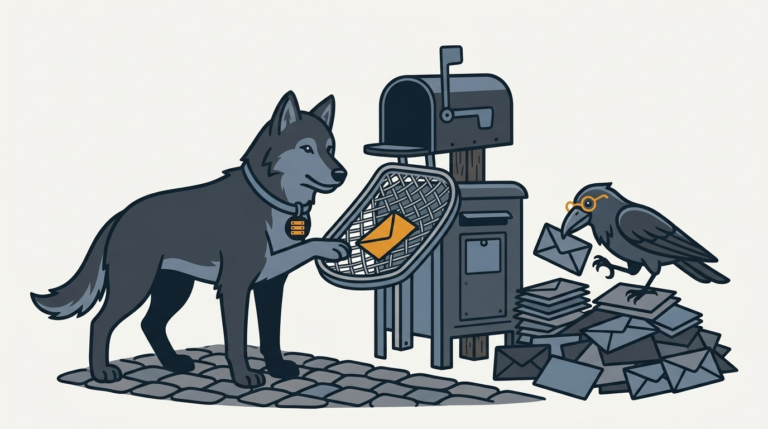the wolf fitting a spam-catching sieve between a mailbox and a postbox, one amber letter sliding through, the raven sorting letters