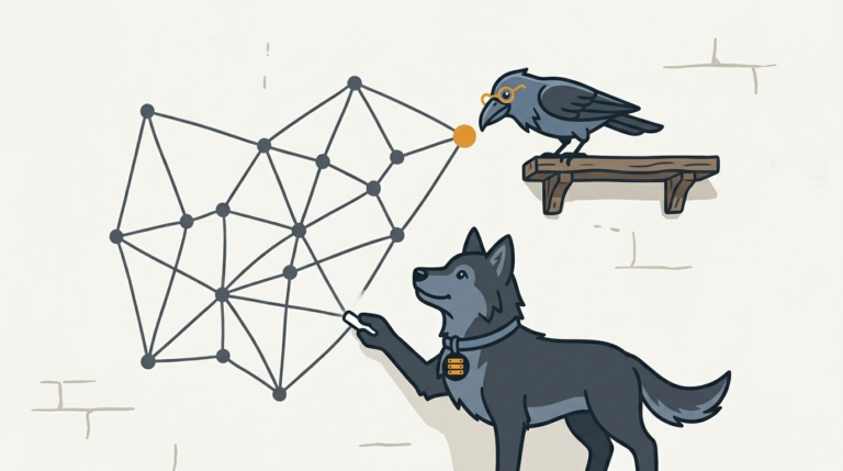 the wolf drawing a graph of connected dots on a wall with chalk, one amber node, the raven peering through its glasses